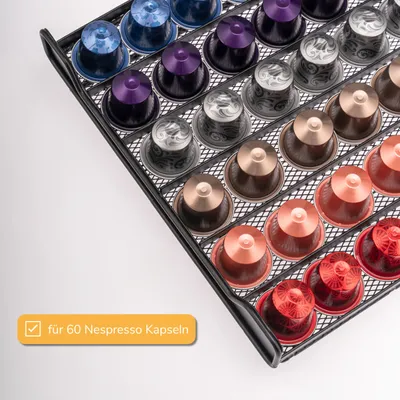 Obrázek produktu pro bremermann box na kávové kapsle pro 60x Nespresso, zásuvkový box, kovová a skleněná deska, držák kapslí, dávkovač kapslí cca 31 x 7 x 40,5 cm, černé sklo