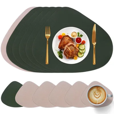 Productafbeelding van Elzusha - Placemats en Onderzetters Set - 6 Stuks - Rond - Dubbelzijdig Lederlook - Wasbaar