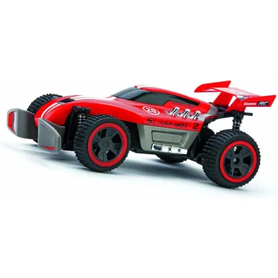 A red remote-controlled car is shown from a side angle against a white background.