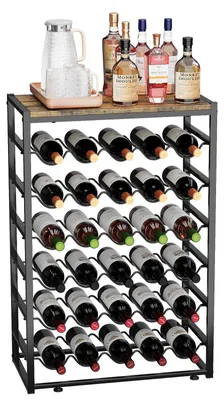 Produktbild von Wagenregal mit 6 Ablagen - Freistehendes Flaschenregal - Metall schwarz - Holzplatte - 30 Flaschen