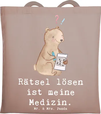 Produktbild von Mr. & Mrs. Panda Beutel Bär Rätsel lösen - Braun Pastell - Geschenk, Schultasche, Kreuzworträtsel, Gedächtnissport, Tote Bag, Tasche, Jutebeutel, Knobeln, Laptoptasche