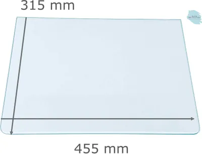 Produktbild von Kühlschrank Einlegeboden - Klarglas 4 mm - 2 abgerundete Ecken - 455 mm x 315 mm - (89,96 EUR / qm - Mindestbfl. 0,25 qm - Kantenb. 5,35 EUR / lfm - Eckenb. 1,00 EUR / Stck. )