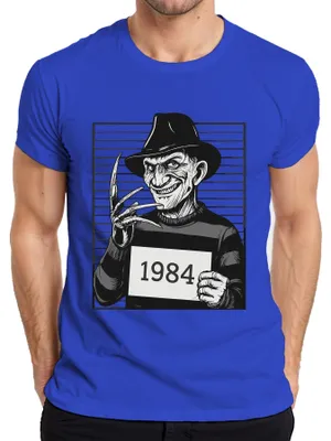 Imagen del producto de Camiseta para hombre, azul, talla XXL, con diseño retro de la película de terror "Freddy Krueger" (1984), estilo "slasher", años 1980