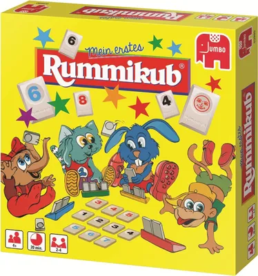 The image shows the front of a Rummikub Junior board game box, featuring cartoon animals playing the game.