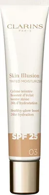 A tube of Clarins Skin Illusion Tinted Moisturizer SPF 25, shade 03.