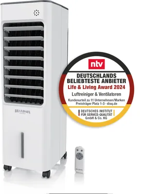 Produktbild von Brandson, mobilna chłodnica powietrza z chłodzeniem wodnym, wentylator wieżowy 50 W z 5-litrowym zbiornikiem na wodę, wentylator nawilżacza, cichy, bez węża wylotowego