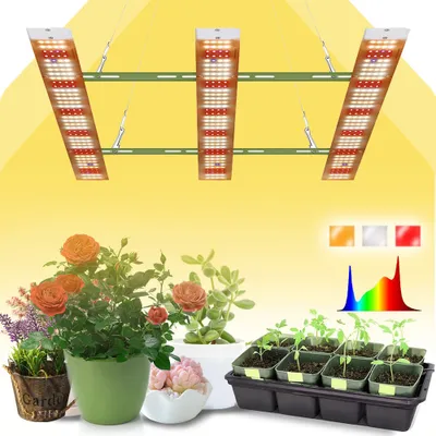 A product image showcasing LED grow lights above potted plants and seedlings, with a spectrum graph and color swatches.