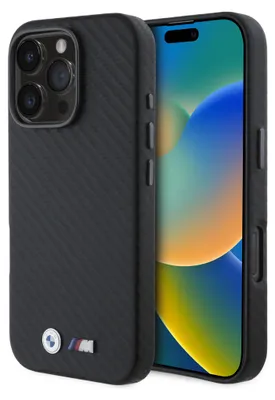 A black carbon fiber phone case with the BMW M logo is shown next to an iPhone.