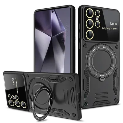 Immagine prodotto di Custodia resistente per Samsung Galaxy S25 Ultra, custodia a doppio strato con supporto ad anello e supporto nero
