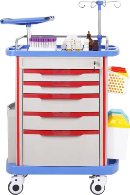 Image de SucceBuy Chariot de laboratoire 5 étages, chariot médical mobile avec 5 tiroirs, 4 roues silencieuses, matériau PP, 2 poubelles, pour laboratoire, clinique, hôpital, salon, bleu