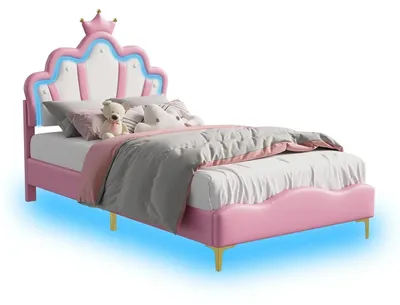Productafbeelding van Kinderbed - Enkelbed 90 x 200 cm - Gestoffeerd bed - Hoofdeinde - Lattenbodem - Houten frame - Zonder matras - Roze