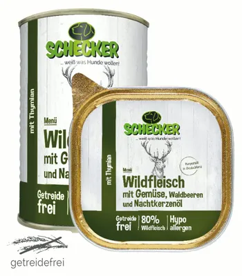 Produktbild von 3x200g Schecker Hundemenü -reines Wild Muskelfeisch Gemüse Waldbeeren und Nachtkerzenöl