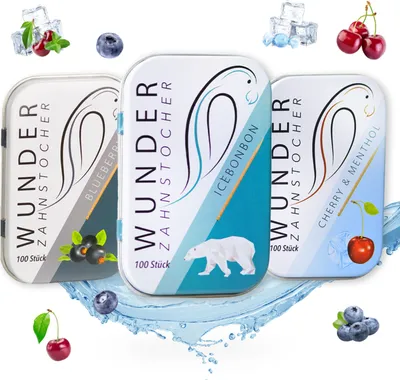 Produktbild von Wunder Zahnstocher mit Geschmack - 3er Fresh Pack - Metallbox - Eisbonbon Kirsche Menthol Blaubeere - zuckerfrei vegan - Alternative zu Kaugummi