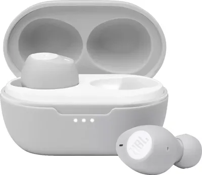 A pair of white JBL TUNE 115TWS true wireless stereo earbuds in their charging case.