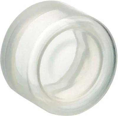 A close-up, isolated shot of a clear, cylindrical plastic cap.