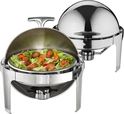Produktbild von 2-teiliges Chafing-Dish-Set - Rolldeckel 5,5 L x 2 - Runder Edelstahl Buffetwärmer - Kraftstoffhalter & Esszange inklusive - Ideal für Restaurants, Buffets, Schulen usw.