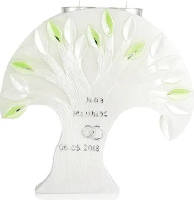 Produktbild von Hochzeitskerze Lebensbaum mit Teelichteinsatz und Perlmutt Oberfläche in Weiß mit Namensverzierung mit hochwertigen Wachsbuchstaben