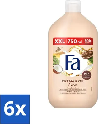 Obrázok produktu pre Fa - Cream & Oil Cacao - Kúpeľový a sprchový gél - Kakaové maslo s kokosovým olejom - 750 ml - Výhodné balenie - 6 kusov