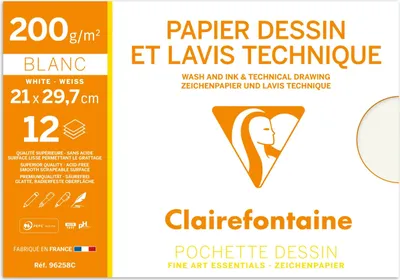 Produktbild von Clairefontaine 10x Lavis, Technisches Zeichenpapier A4, Pkg 12 Bogen 200g 96258C