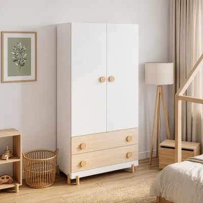 Produktbild von Kinderkleiderschrank 'Vaarentaa' mit 2 Türen 2 Schubladen 156 x 80 x 41 cm Weiß / Eicheoptik