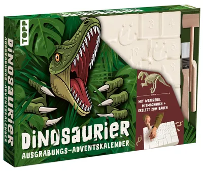 Productafbeelding van Dinosaurussen - De archeologische adventskalender. 24 leuke verrassingen om te ontdekken: Grote archeologische plaat met 24 verrassingen. Inclusief gereedschap en handleiding
