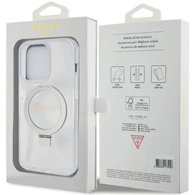Image de GUESS Housse pour téléphone portable compatible avec IPHONE 15 Pro MagSafe GUHMP15LHRSGSD (Glitter Script Logo Ring Stand) transparent