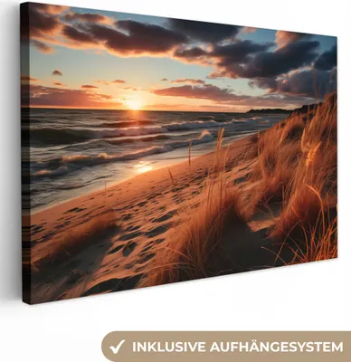 Produktbild von MuchoWow® - Leinwandbilder - Strand - Sonnenuntergang - Dünen - Meer - Hochgras, Wandbild, Wanddeko Bilder Wohnzimmer, 60x40cm