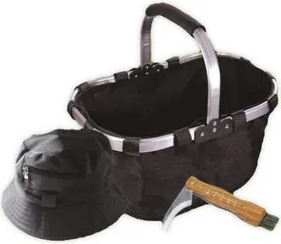 A set of items for mushroom picking, including a basket, a hat, and a knife with a brush.