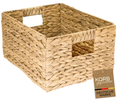 Produktbild von HMF Aufbewahrungskorb geflochten aus Wasserhyazinthe, dekorativer Korb mit Tragegriffen zur Aufbewahrung für Badezimmer Küche und Wohnbereich, Größe L, 36 x 28 x 20 cm, Natur, KI-generiertes Bild