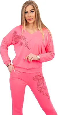 Produktbild von Neonpinkes Damen-Bekleidungsset mit Zirkon-Panther-Motiv, V-Ausschnitt, Taschen und Bindegürtel, Größe S-L