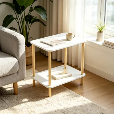 Produktbild von Holz Beistelltisch,Couchtisch mit 2 Ebenen,Sofatisch,Kleiner Nachttische für Schlafzimmer,Wohnzimmer,Moderner-Design 60x30x53cm Weiß