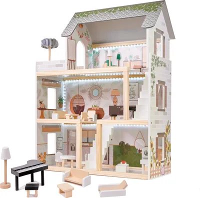 Produktbild von Großes Puppenhaus XXL Traumhaus Set aus Holz mit LED Beleuchtung und Möbel Puppenstube für Kinder