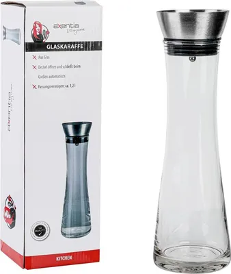 Produktbild von AXENTIA Glas-Glaskaraffe 1200 ml mit Edelstahldeckel, Ø 10 x H34 cm, Wasser Kanne mit präzisem Ausgießer, integriertes Sieb, Wasser Karaffe