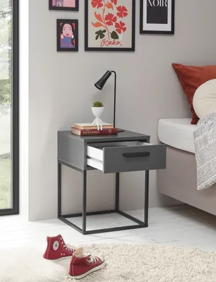 Produktbild von SUNA Nachttisch in Graphit - Moderner Nachtschrank mit Schublade und schwarzem Metallgestell - 40 x 52 x 38,5 cm (B/H/T)
