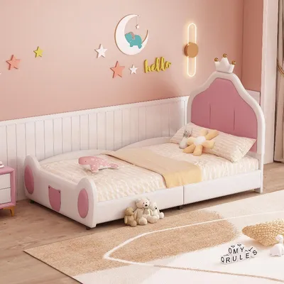 Produktbild von Polsterbett für Kinder 90x200cm mit Kronenkopfteil, Kunstlederbezug in Weiß/Rosa, Kinderbett mit kindlichem Kopf- und Fußteil für Kinderzimmer