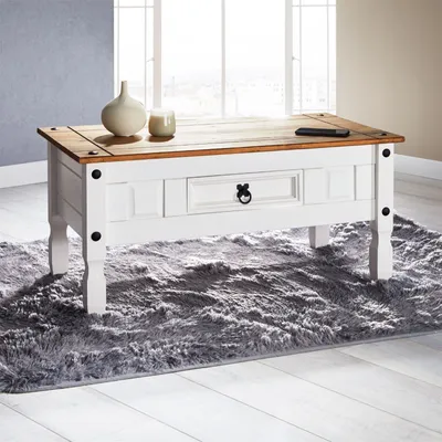 Produktbild von Couchtisch CAMPO im Mexiko-Stil Wohnzimmertisch Beistelltisch Kiefer massiv, braun/weiß lackiert mit 1 Schublade
