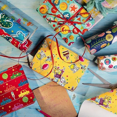 Immagine prodotto di Carta da regalo Smileys, blu, 0,70 x 10 m - Carta da regalo per compleanni per bambini