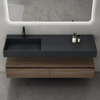 Produktbild von doporro Waschtisch mit Unterschrank Badmöbel-Set Design Waschplatz 150x48x25cm Badzimmerschrank Up inkl. Minralguss-Waschbecken Eiche Wandmontage
