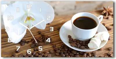Produktbild von Wanduhr aus Glas – 60x30 cm - Glasbild - Glasuhr - Gehärtetes Glas - weisse-zeiger - Tasse Kaffee