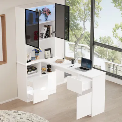 Image de MODFU Bureau d'Angle Moderne Blanc avec LED - 3 Tiroirs, 2 Portes et Espace pour Animaux - 120x80x180 cm