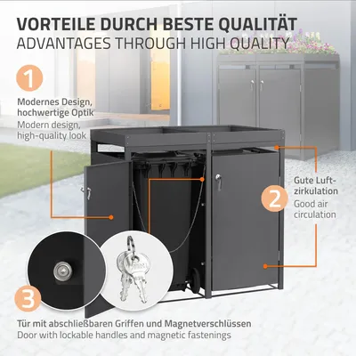 Produktbild von ML-Design Mülltonnenbox 4er mit Pflanzdach für 4 Mülltonnen, 240L 264x80x124cm Anthrazit, Stahl, wetterfest/abschließbar