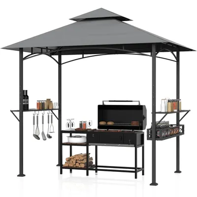 Produktbild von Arvioo Grillpavillon mit Doppeldach, Gartenpavillon Gazebo mit Seitenregalen, Metallkorb und Haken, Grillüberdachung Gartenlaube Wasserdicht UV-Schutz
