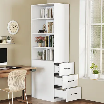 Produktbild von Hohes schmales Bücherregal 180 cm Weiß mit seitlichen Schubladen & verstellbaren Böden für kleine Räume Standregal Hochschrank 60x30 cm