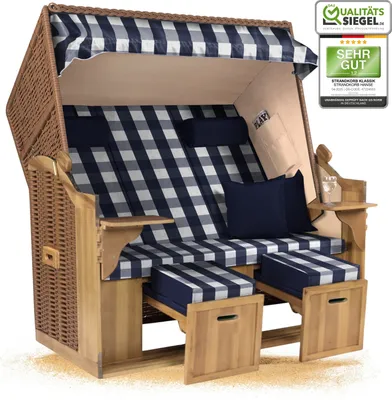 Produktbild von Strandkorb Ostsee 2,5-Sitzer 150cm breit in Beige Blau Weiß Kariert Montiert ideal für Balkon, Terrasse oder Garten