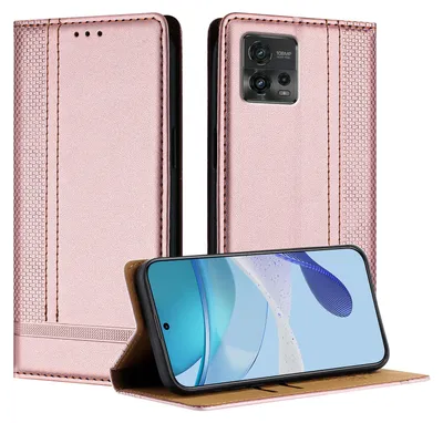 A pink flip case for a Motorola Moto G72 phone is shown, with the phone inside and displayed at an angle.