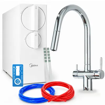 Produktbild von Umkehrosmose Wasserfilter Set Ari 800 Gpd, 360 Grad Schwenkbar, Zweigriffarmatur, Keramikkartusche, Einlochmontage, Verchromtes Messing, Chrom
