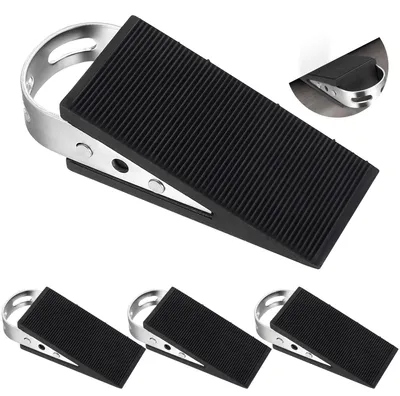 Produktbild von Set mit 4 Türkeilen aus Gummi, rutschfeste Türstopper mit Edelstahlgriff, keilförmig, schwarz, für alle Türen und Böden, Zuhause, Büro, Hotel (12 x 5 x 3 cm)