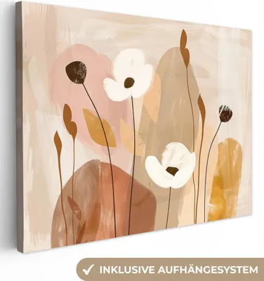 Produktbild von MuchoWow® - Leinwandbilder - Blumen - Abstrakt - Beige - Strichzeichnung, Wandbild, Wanddeko Bilder Wohnzimmer, 120x90 cm