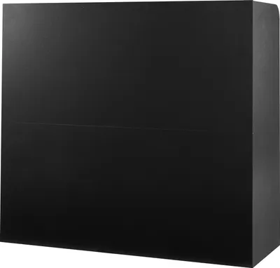 A black reception desk in a studio setting.