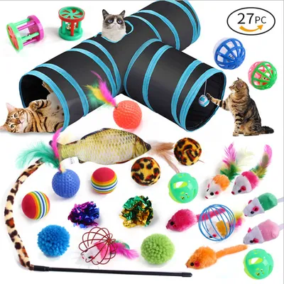 Produktbild von Haustier Katze Katzenspielzeug Set Plüschmaus Regenbogenkanal Tunnel Feder lustiges Katzenprodukt (Set 5)